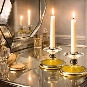 Art Deco Yellow &White Czech Glass W/ Platinum Candlestick Holders – Antique